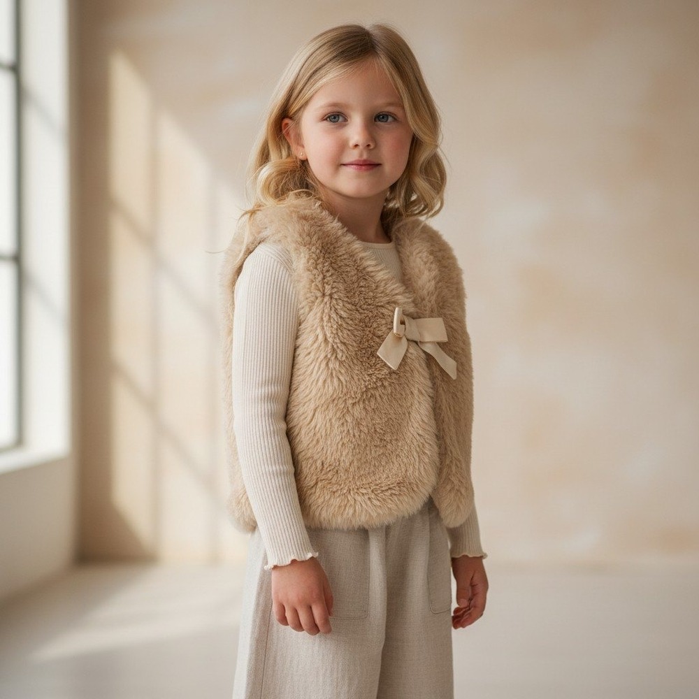babyGap Faux Fur Vest Bow Front Girls L/XL Cream Coquette Soft Girl Cozy